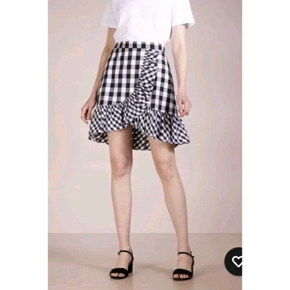 J. Crew Gingham Ruffle Mini Skirt Asymmetric Check Black White Womens 6T Cottage